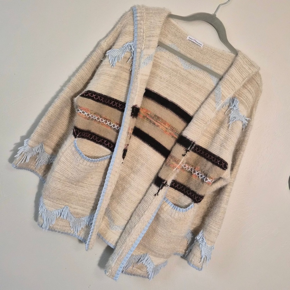 Dainty Hooligan Hooded Cardigan Cream Blue Fringe Southwestern Boho Sz M/L